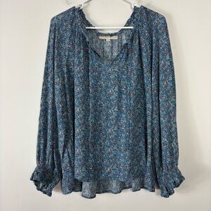 Loft Floral Blouse Womens M Blue V Neck Tie Balloon Sleeve Casual Feminine